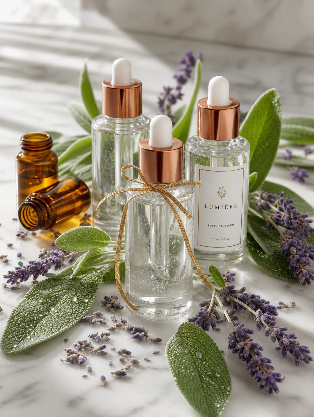 Dew Collective skincare products arranged on a clean laboratory surface